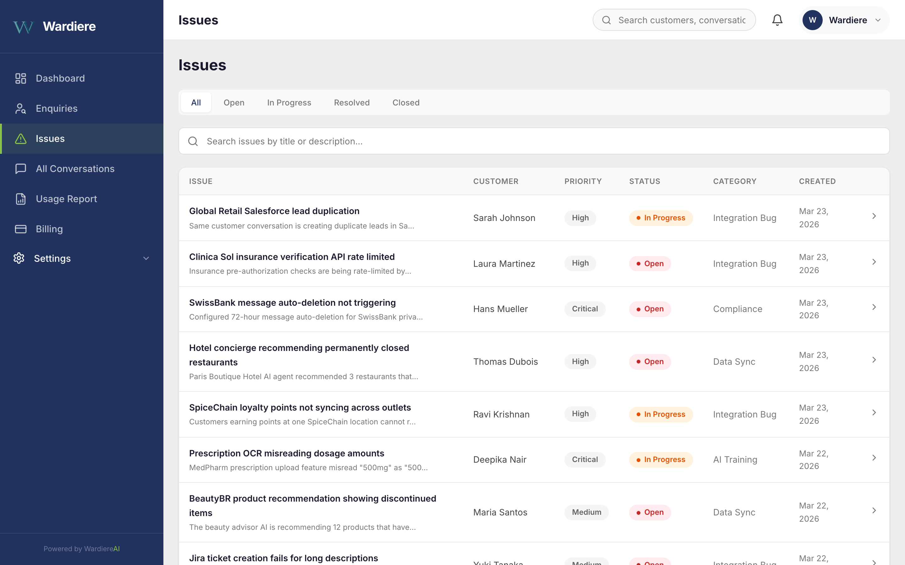 WardiereAI Issue Detection - AI-powered ticket creation with priority and category