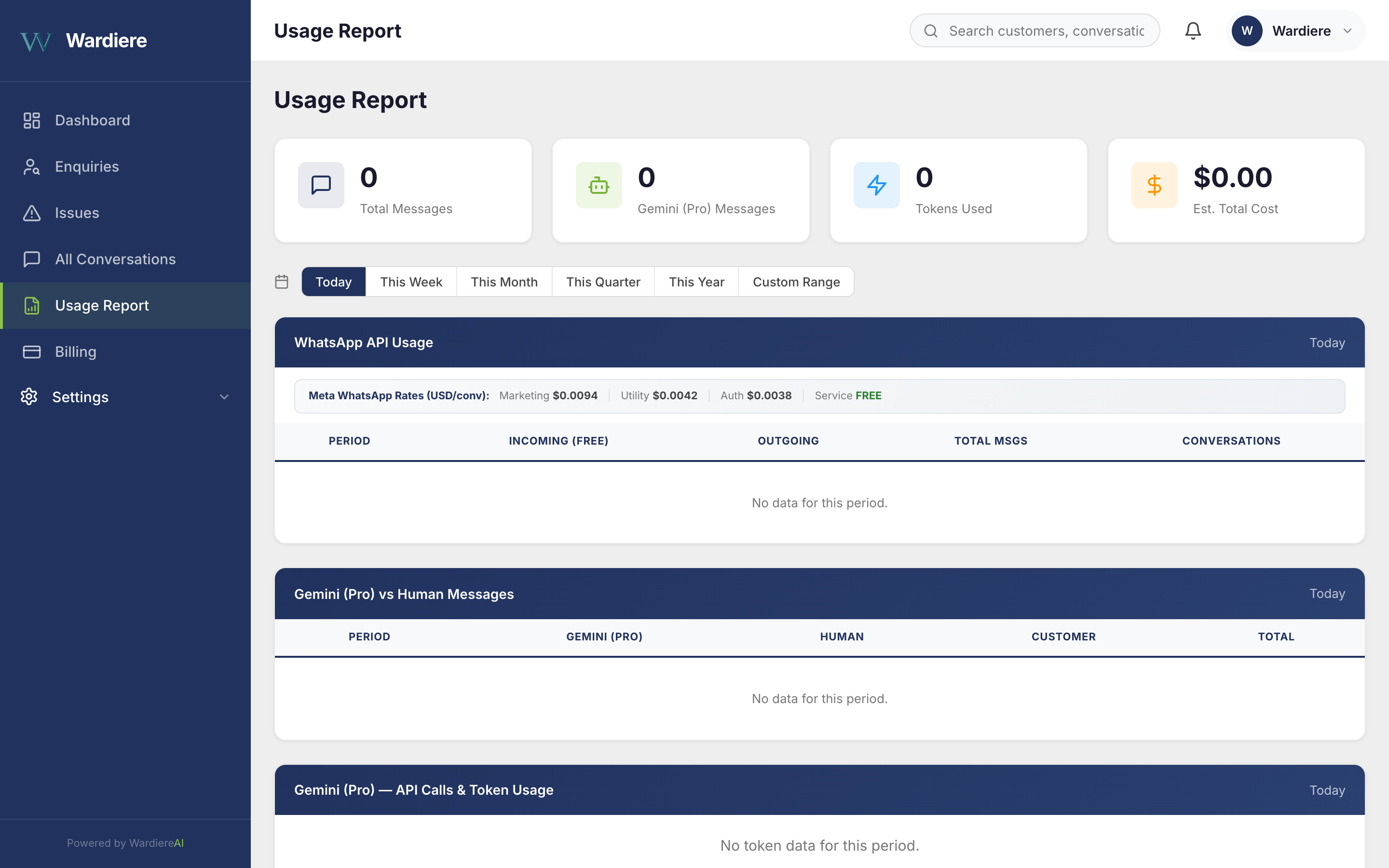 WardiereAI Usage Report - WhatsApp API costs, LLM token tracking, and billing